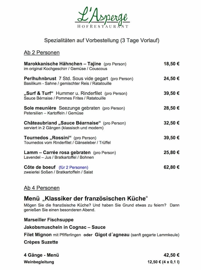 Spezialitäten Karte L'Asperge Heusweiler Erdbeerland Ernst & Funck