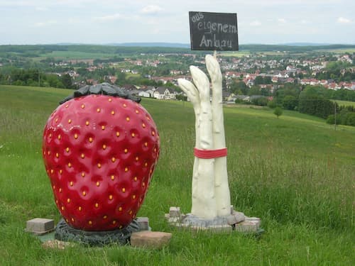 Erdbeere und Spargel Statue Erdbeerland Ernst & Funck Erdbeeren und Spargel aus eigenem Anbau