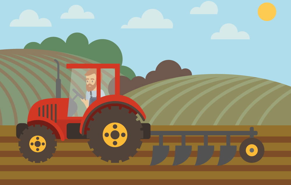 Comic Bild eines Bauern pflügt Spargefeld von Erdbeerland Ernst & Funck mit rotem Traktor